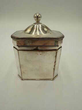 Vintage Silver Plated Octagonal Tea Caddy Hinged Lid Finial Handle Box Container